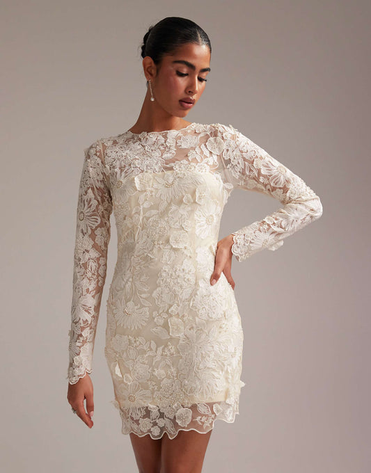 Long Sleeve Embroidered Mini Wedding Dress