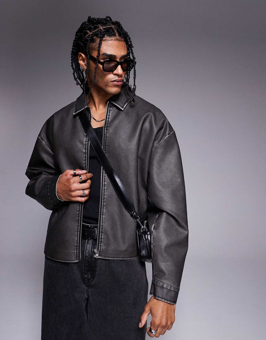 Oversized Boxy Harrington Faux Leather Jacket