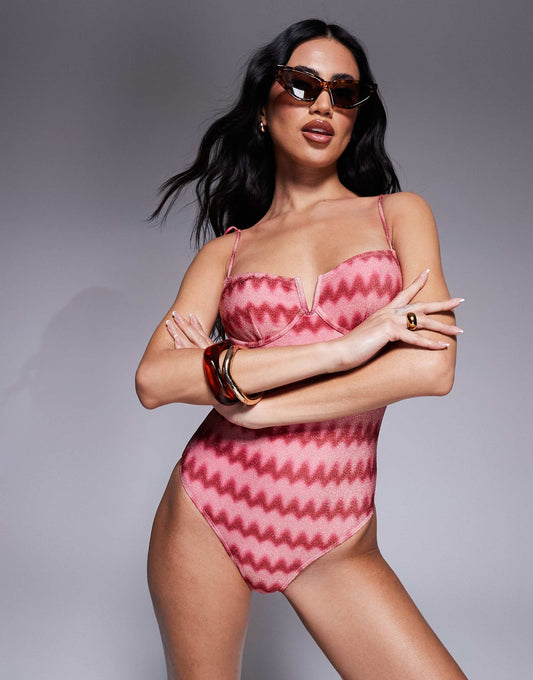 Glitter Chevron Print Underwire Swimsuit