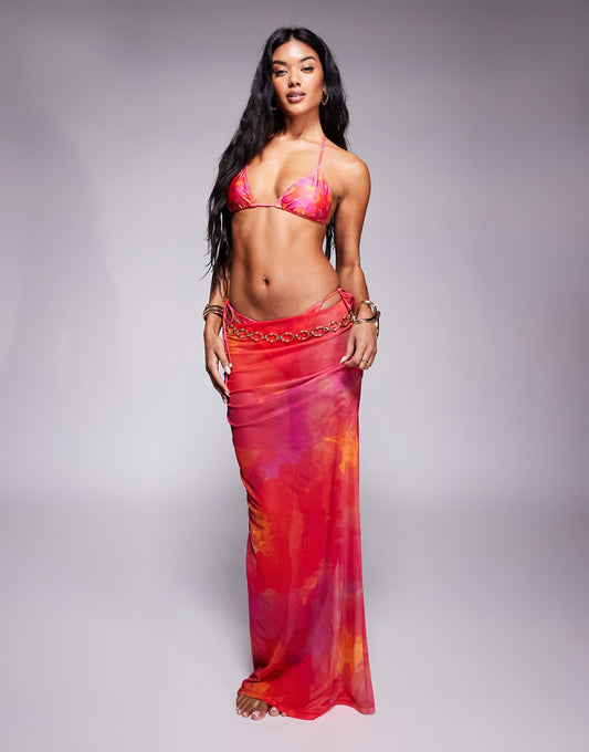 Abstract Print Mesh Maxi Beach Skirt