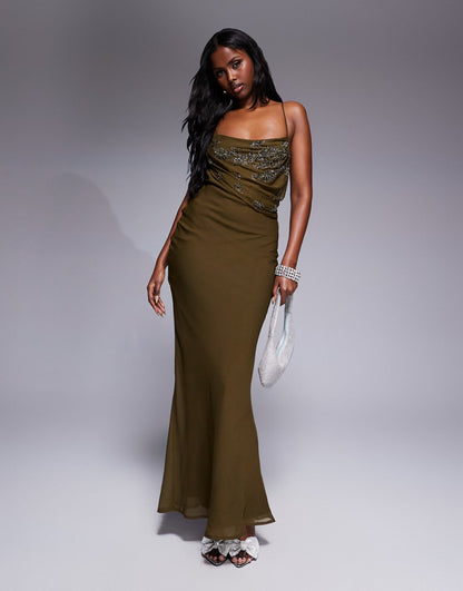 Embellished Cami Strap Drape Bodice Maxi Dress With Bias Skirt