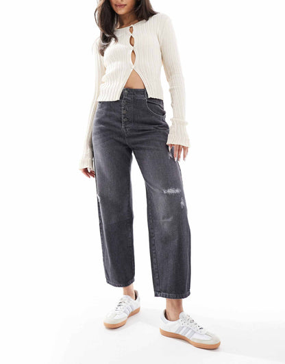 Broken Buttons Denim Pant In Dark Grey