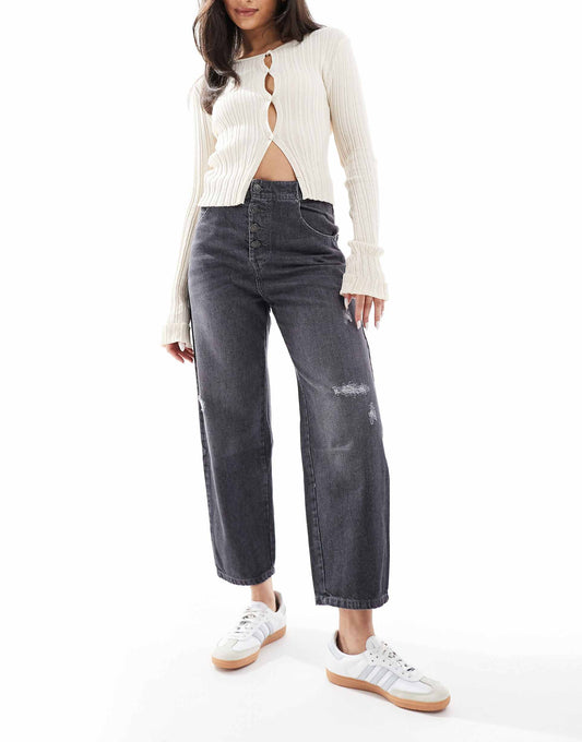 Broken Buttons Denim Pant In Dark Grey