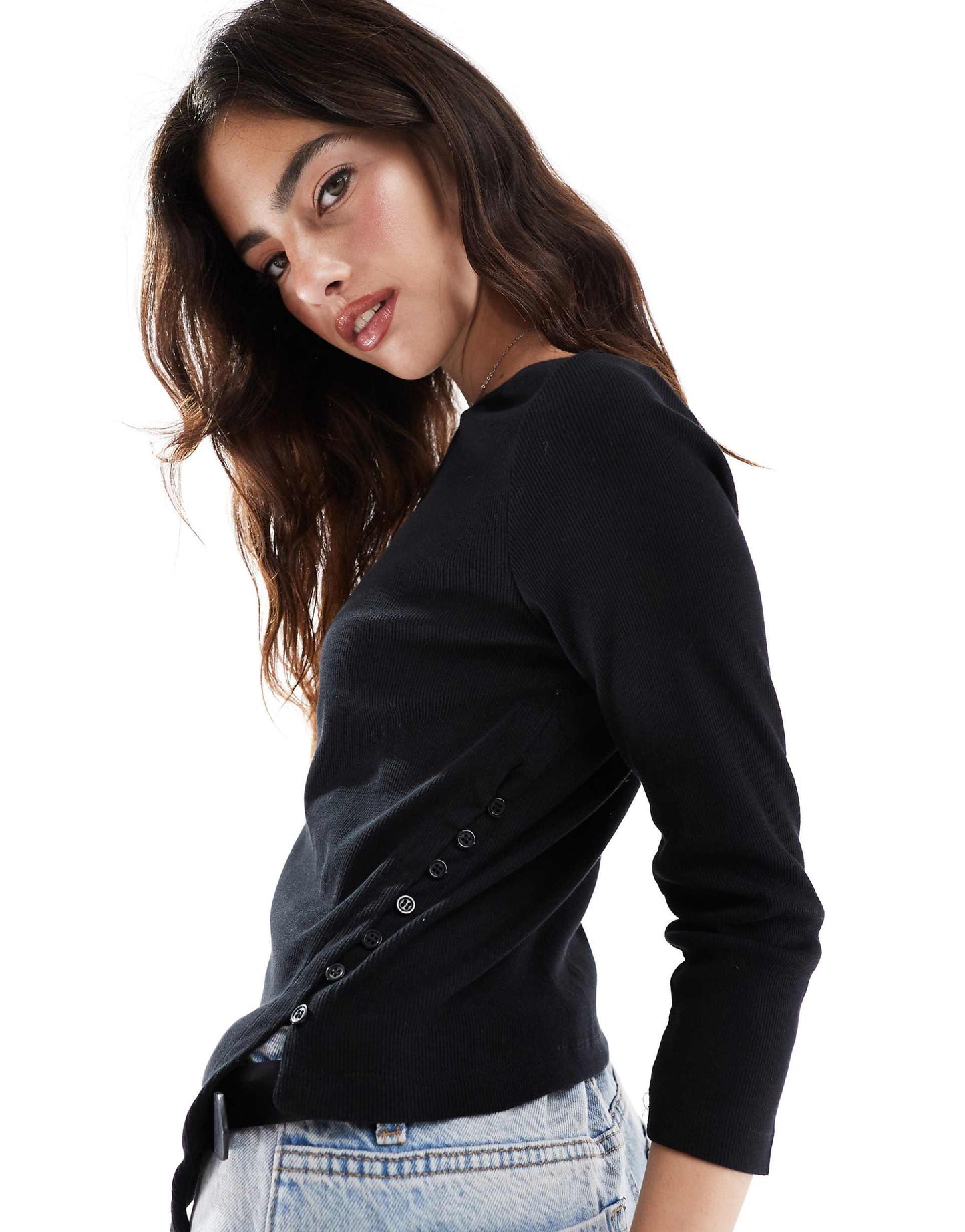 Buttons Rib Long Sleeve Tee In Black