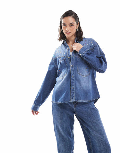 Strass Multicolor Denim Shirt In Indigo