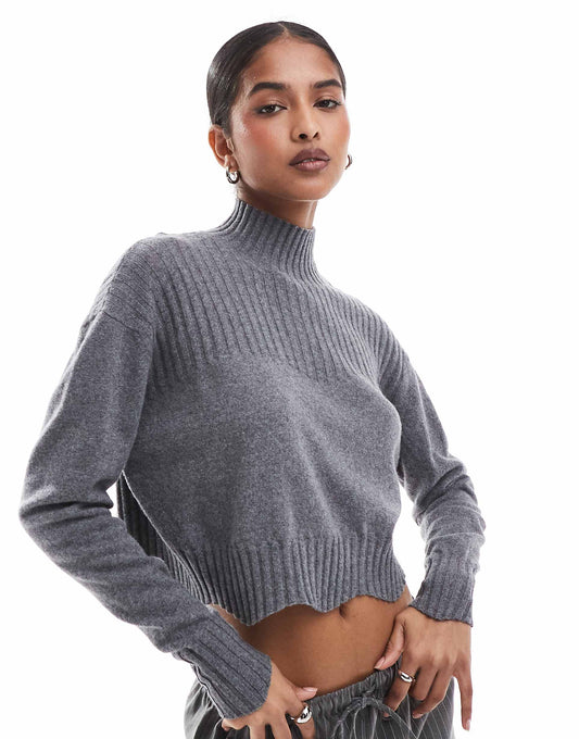 Joy Perkins Scallop Jumper In Grey Melange
