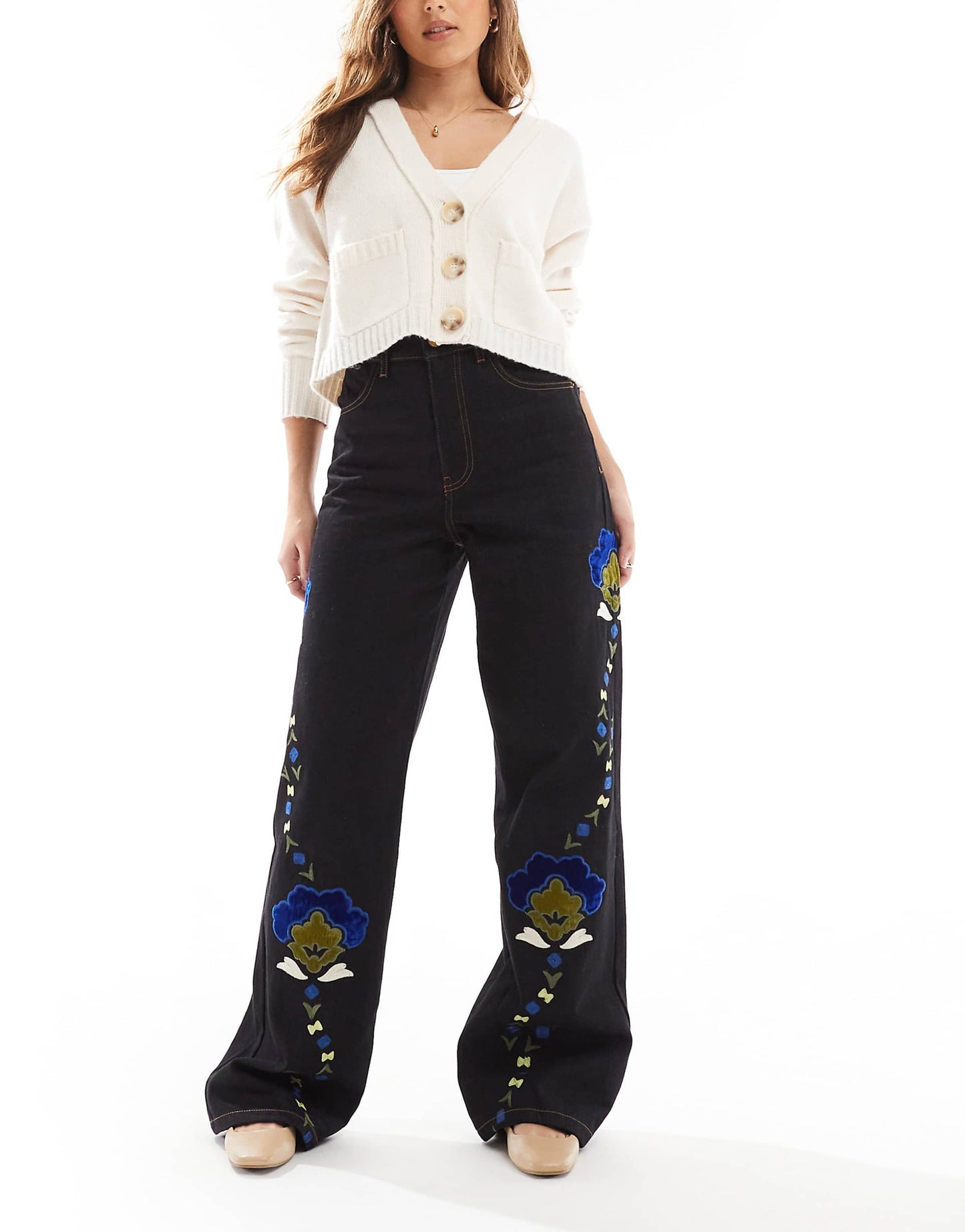 Flower Emb Denim Pant In Dark Navy