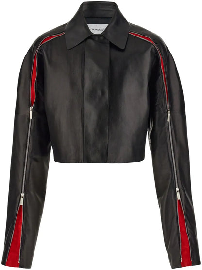 Zip-Detail Leather Cropped Jacket