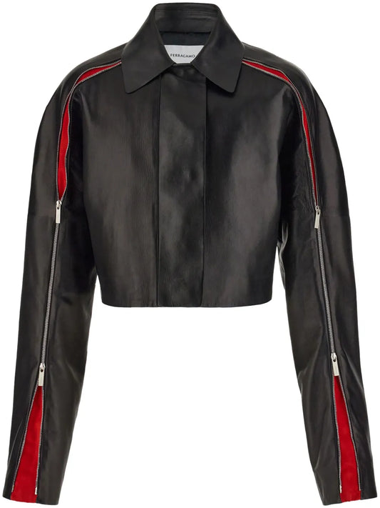 Zip-Detail Leather Cropped Jacket