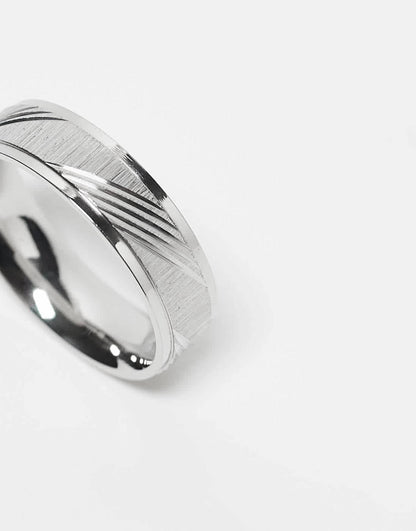 Waterproof Stainless Steel Band Ring With Horizontal Embossed Design