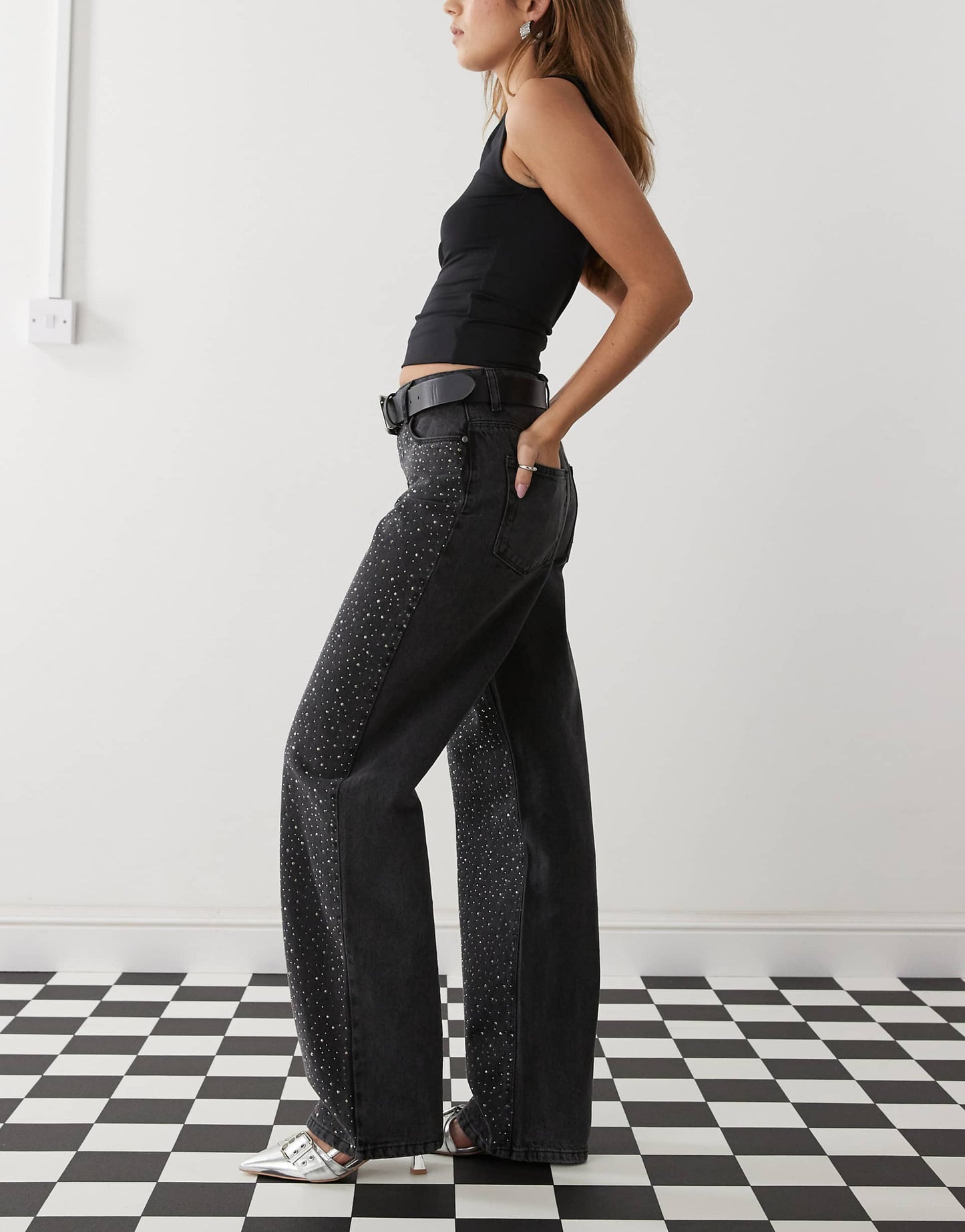 Jannel Rhinestone High Waist Loose Fit Jeans