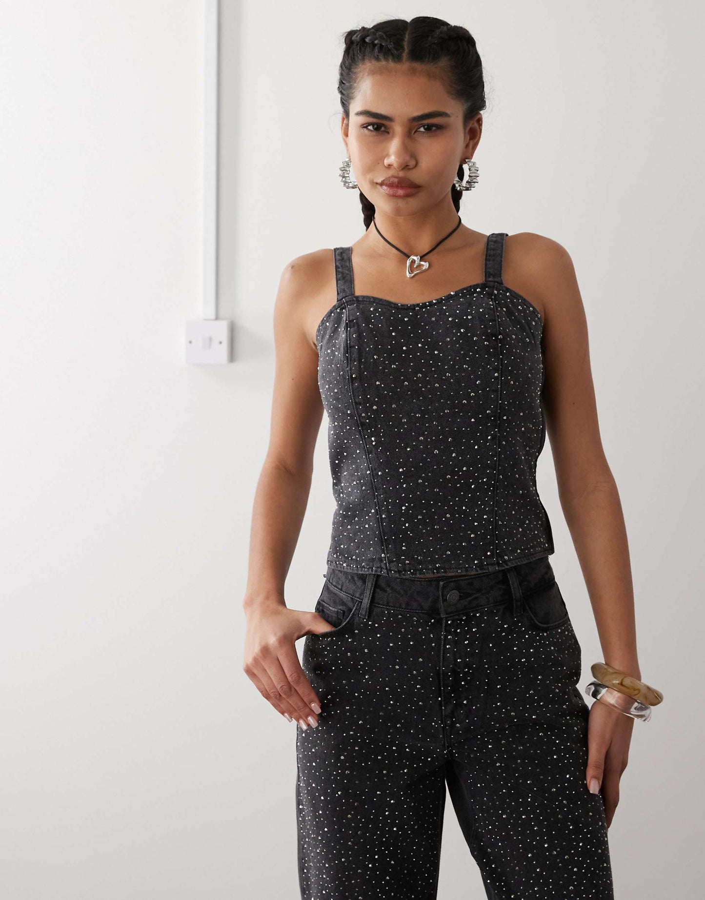Denim Corset Top With Rhinestones