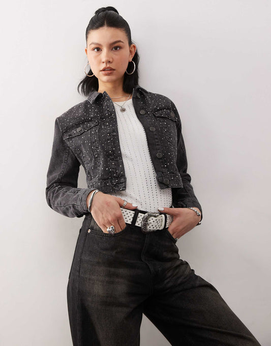 Cropped Denim Jacket With Rhinestones