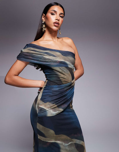 Mesh Twist One Shoulder Maxi Dress With Hitched Skirt Detail