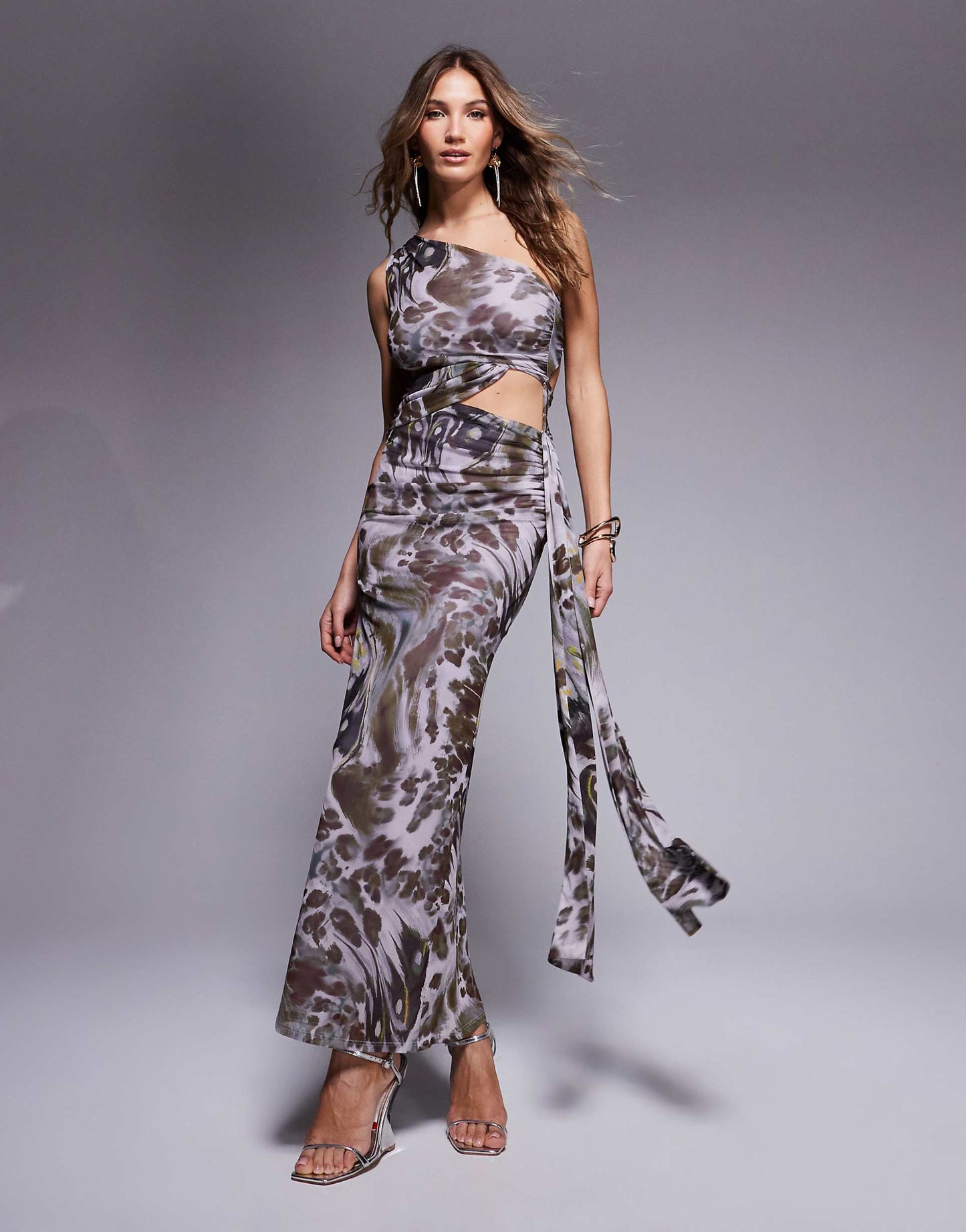 Mesh Asymmetric One Shoulder Midi Dress With Long Ties