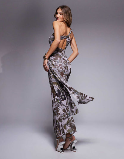 Mesh Asymmetric One Shoulder Midi Dress With Long Ties