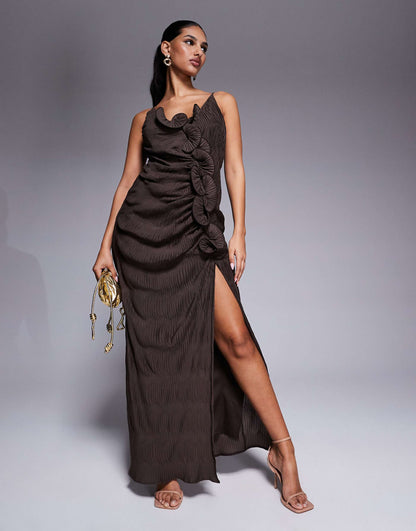 Plisse Cami Maxi Dress With Waterfall Corsage Ruffle