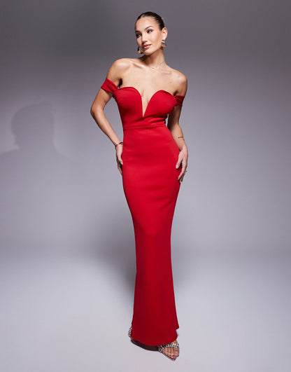 Plunge Neck Off Shoulder Maxi Gown