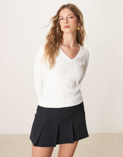 Cotton Cable Knit V-Neck Jumper With Logo