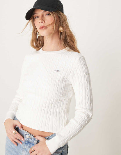Cotton Cable Knit Crew Neck Jumper With Logo