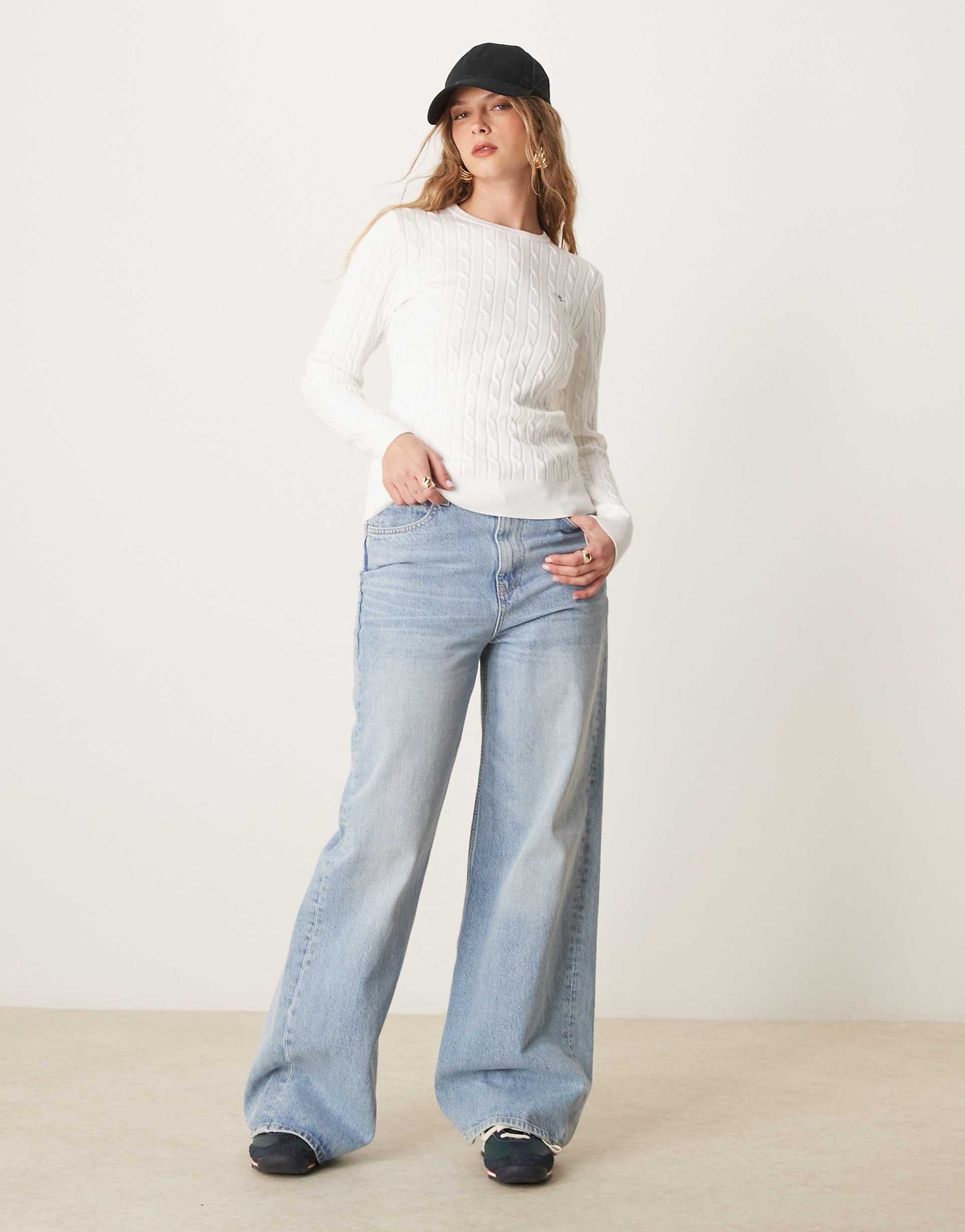 Cotton Cable Knit Crew Neck Jumper With Logo