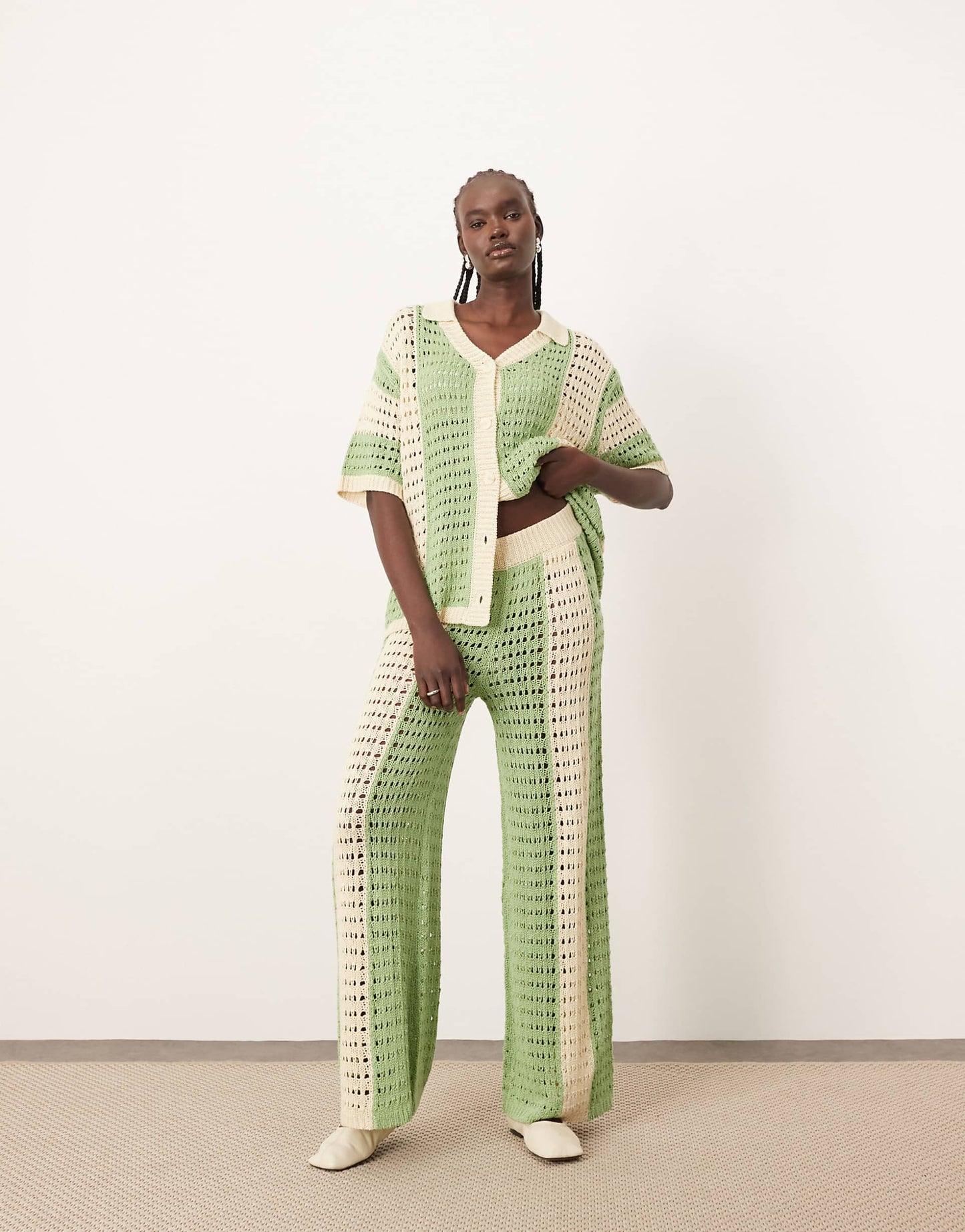 Knitted Vertical Stripe Oversized Shirt And Trouser Co-Ord