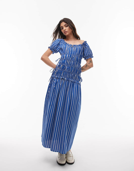 Cap Sleeve Shirred Dress With Tie Sides