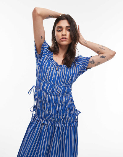 Cap Sleeve Shirred Dress With Tie Sides