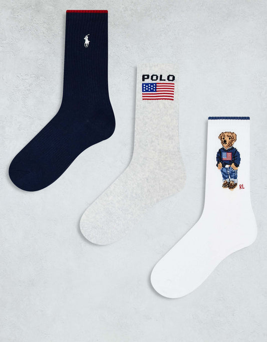 3-Pack Bear, Logo And Flag Socks
