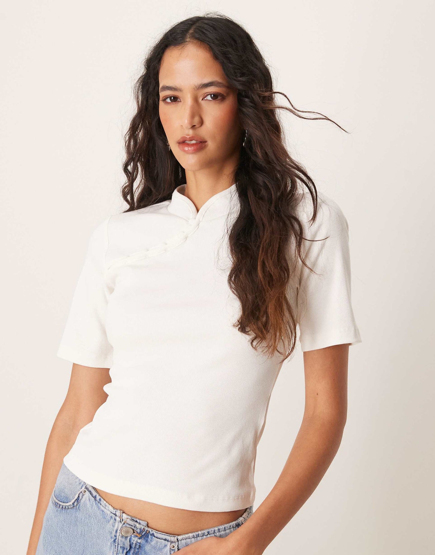 Short Sleeve Asymmetric Button Detail Neckline Top