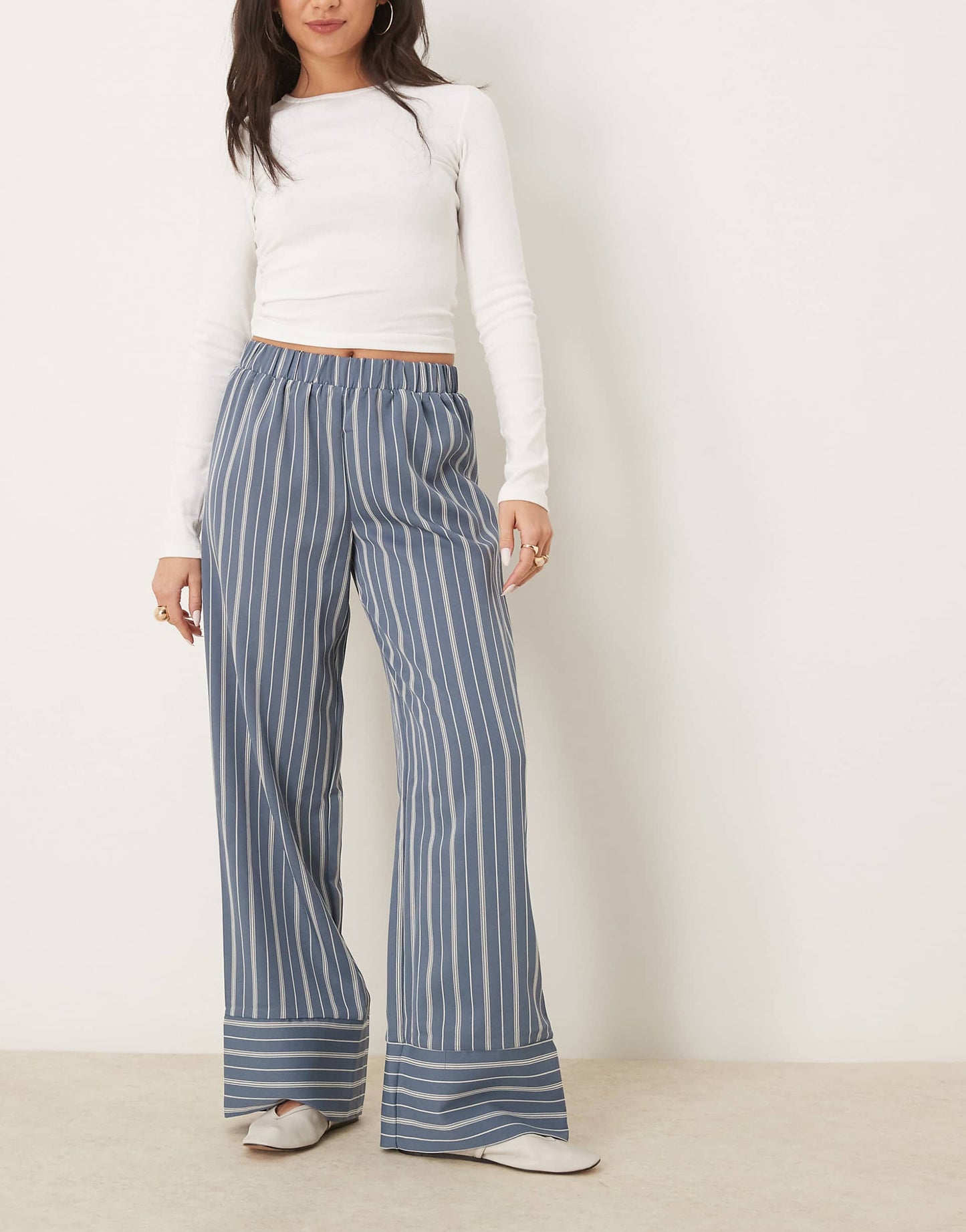 Wide Leg Stripe Trouser With Deep Cuff Detail