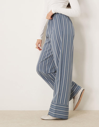 Wide Leg Stripe Trouser With Deep Cuff Detail