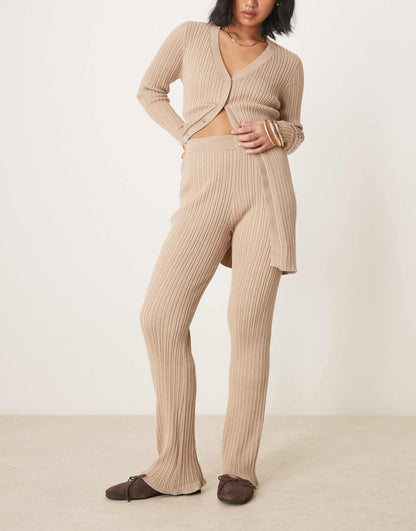 Petite Longline Ribbed Cardigan And Flare Trousers