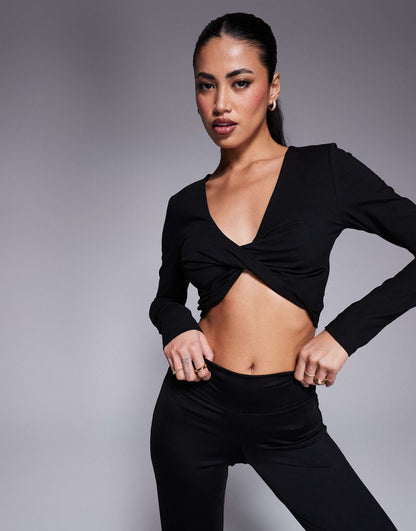 Soft Touch Twist Front Long Sleeve Crop T-Shirt