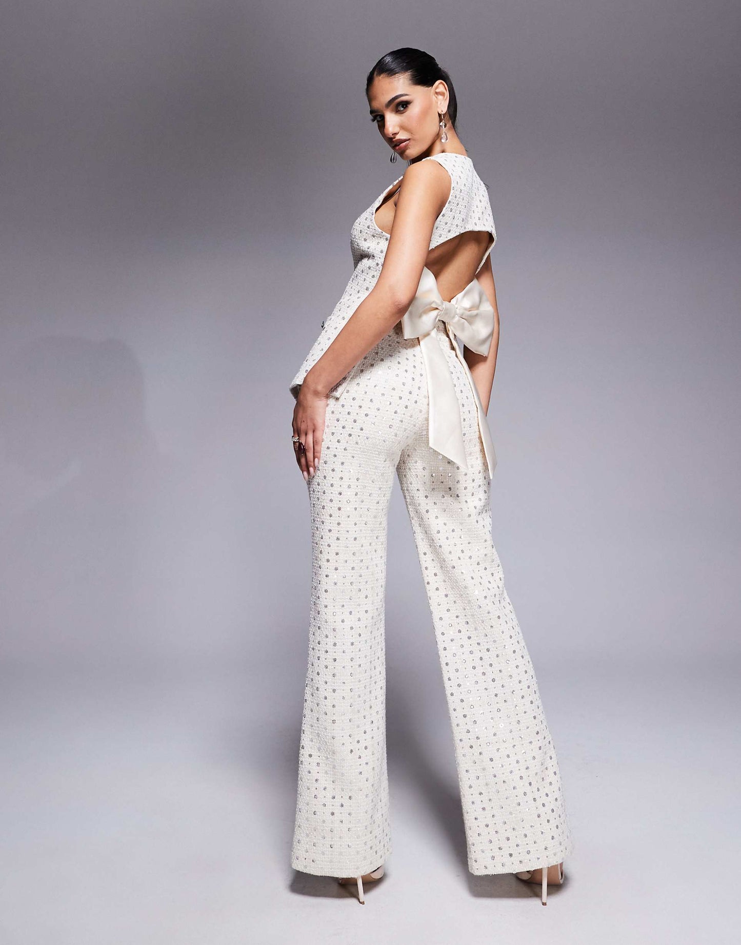 Embellished Boucle Waist Coat With Bow Back And Embellished Boucle Trouser Co-Ord