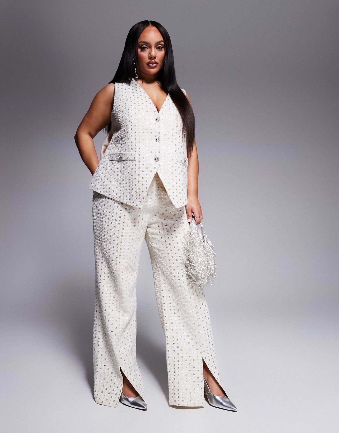 Curve Co-Ord Embellished Boucle Trouser