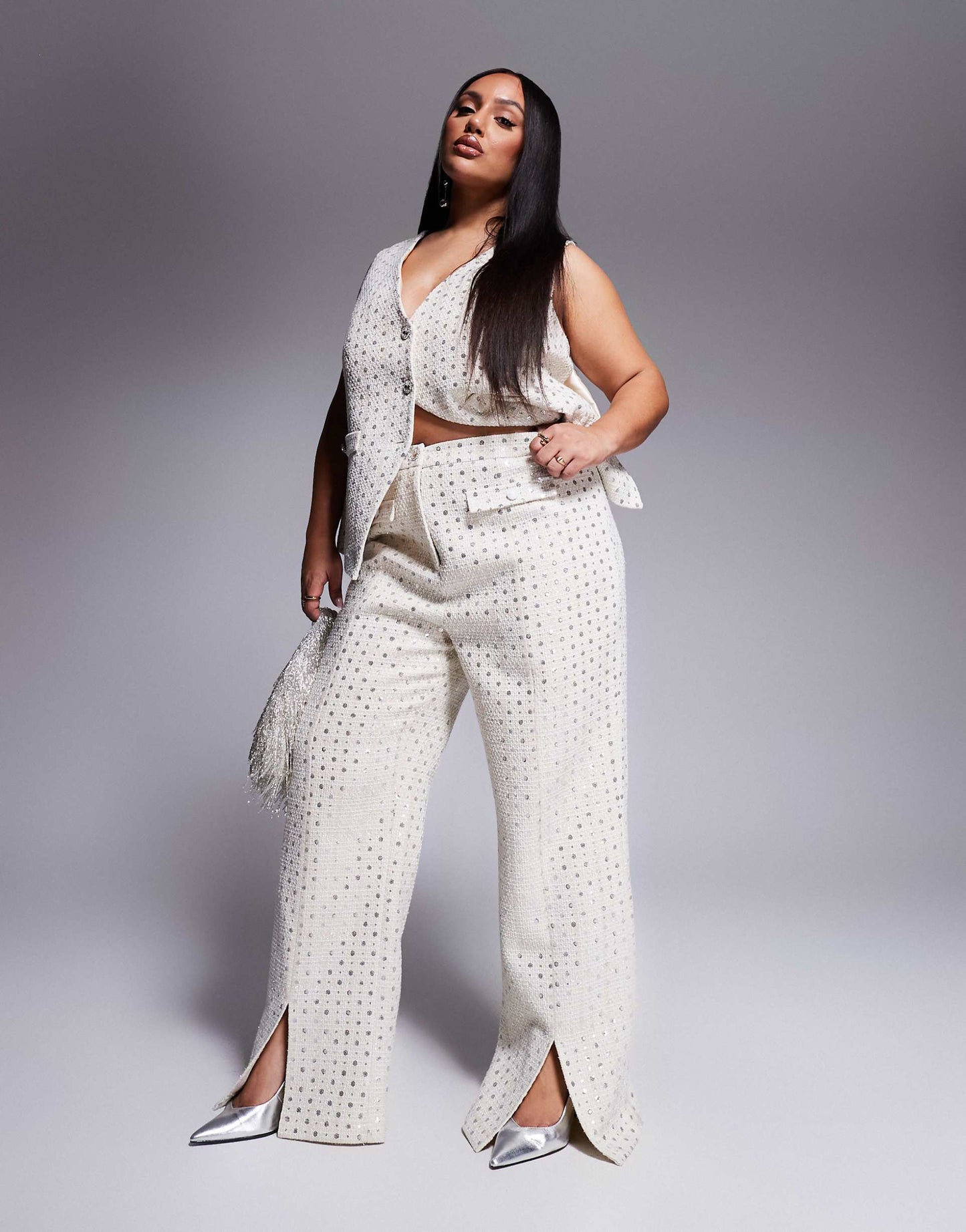 Curve Embellished Boucle Waist Coat With Bow Back And Embellished Boucle Trouser Co-Ord