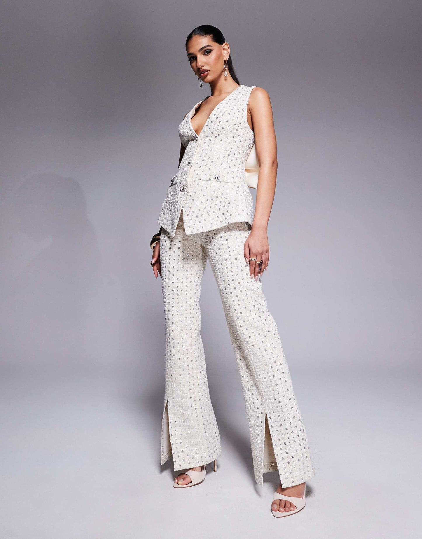 Embellished Boucle Waist Coat With Bow Back And Embellished Boucle Trouser Co-Ord