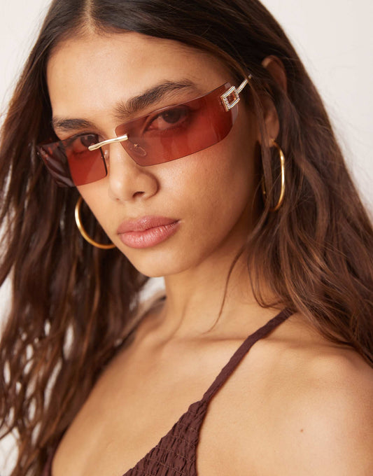 Y2K Rimless Square Metal Sunglasses With Embellished Detail