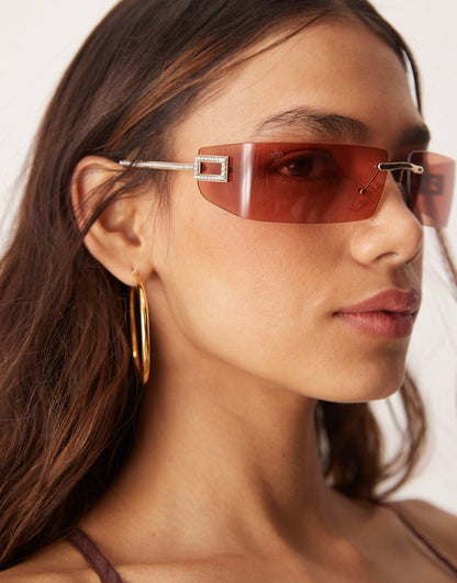 Y2K Rimless Square Metal Sunglasses With Embellished Detail