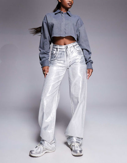 Metallic Coated Straight Leg Jeans