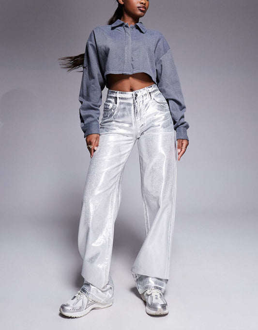 Metallic Coated Straight Leg Jeans