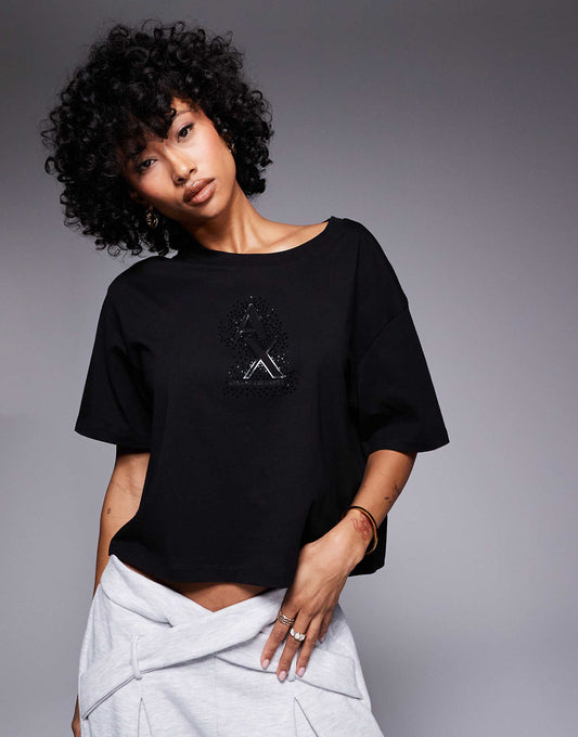 Cropped T-Shirt With Embellished Logo