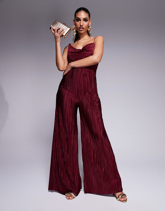 Plisse Asymmetric Drape Cami Jumpsuit