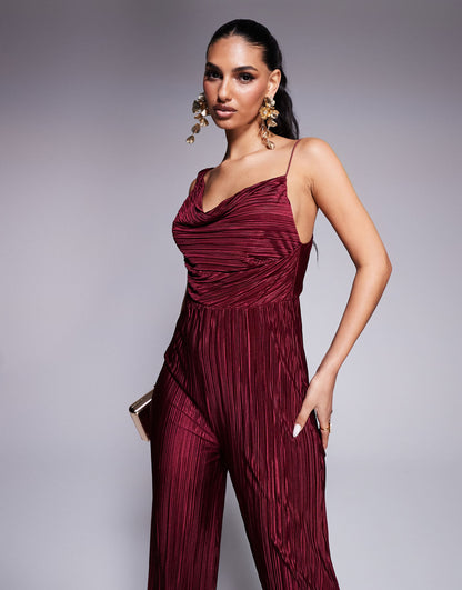 Plisse Asymmetric Drape Cami Jumpsuit