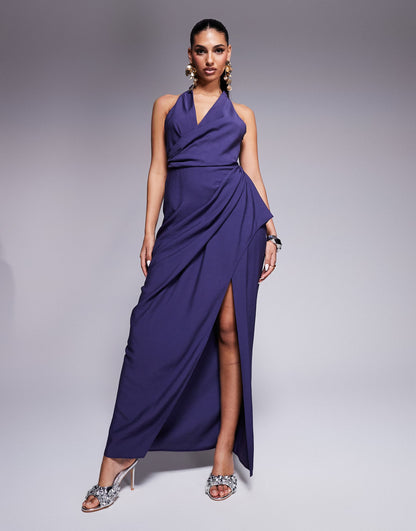 Plunge Wrap Front Textured Maxi Dress With Draped Skirt