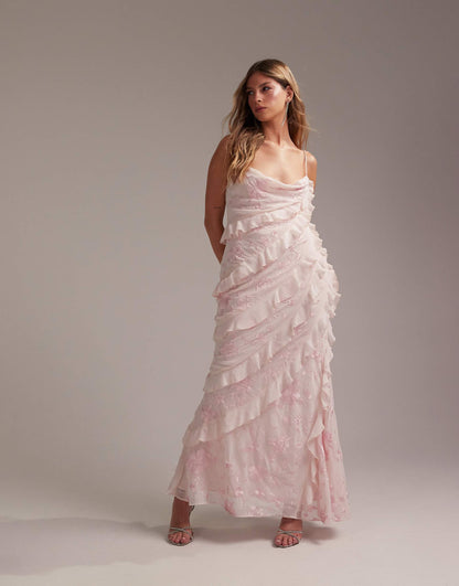 Bridesmaids Embroidered Ruffle Cami Bias Maxi Dress