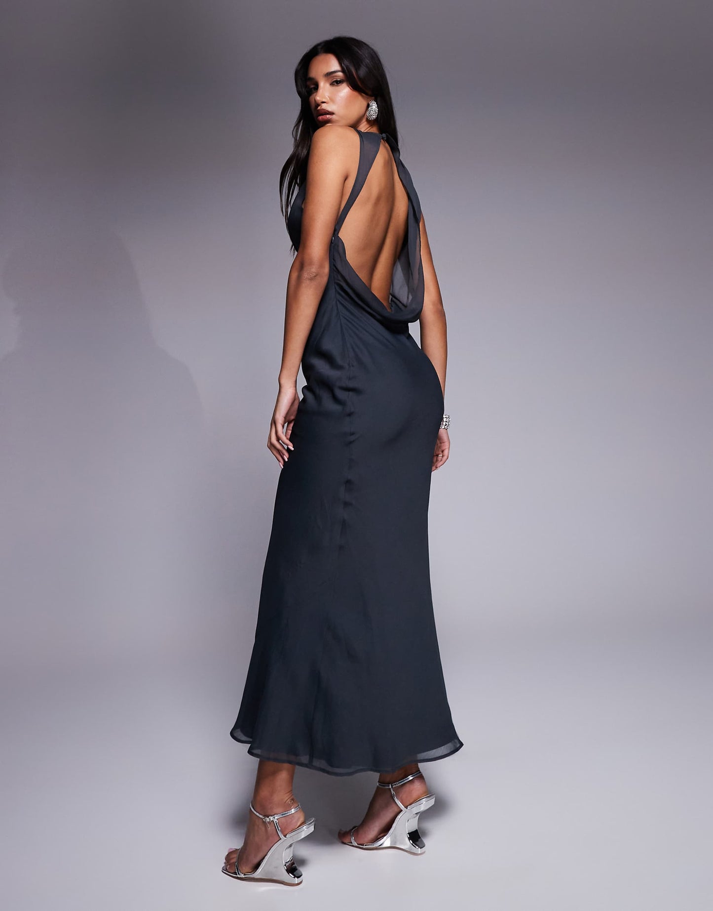 Asymmetric Neckline Midaxi Dress With Draped Back Detail