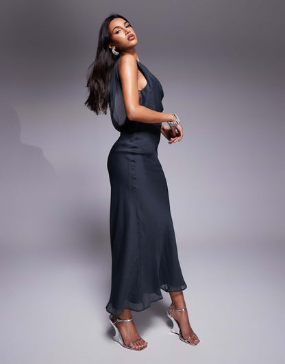 Asymmetric Neckline Midaxi Dress With Draped Back Detail