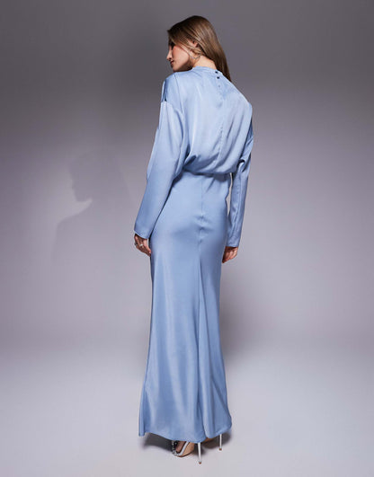 High Neck Bias Satin Maxi Dress With Sleeve Detail